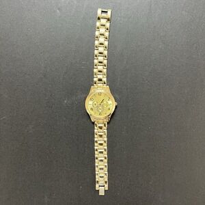 Women's Gold Tone Dial Crystal Accent Round Case Stainless Steel Band Watch